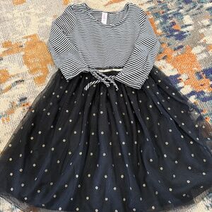 Justice Black & White Striped Dress Tulle Polka Dot Skirt size 12 Long Sleeve